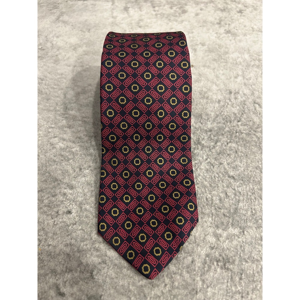 Vintage Hampton Hall Ltd Silk Tie Navy Blue Red Gold Geometric Pattern Necktie